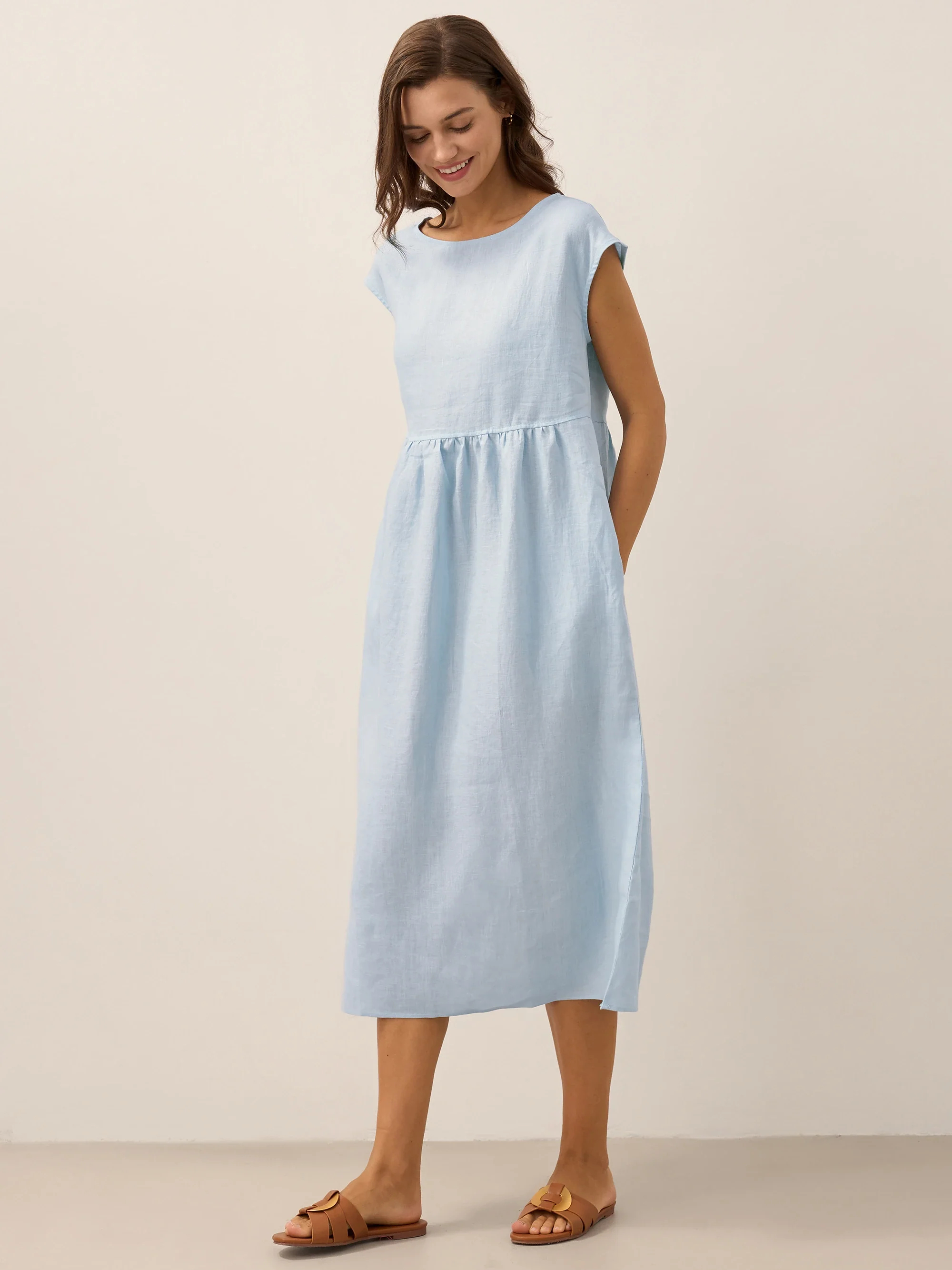 100% Linen Cap Sleeve Washed Midi Dress JOAN - Image 34