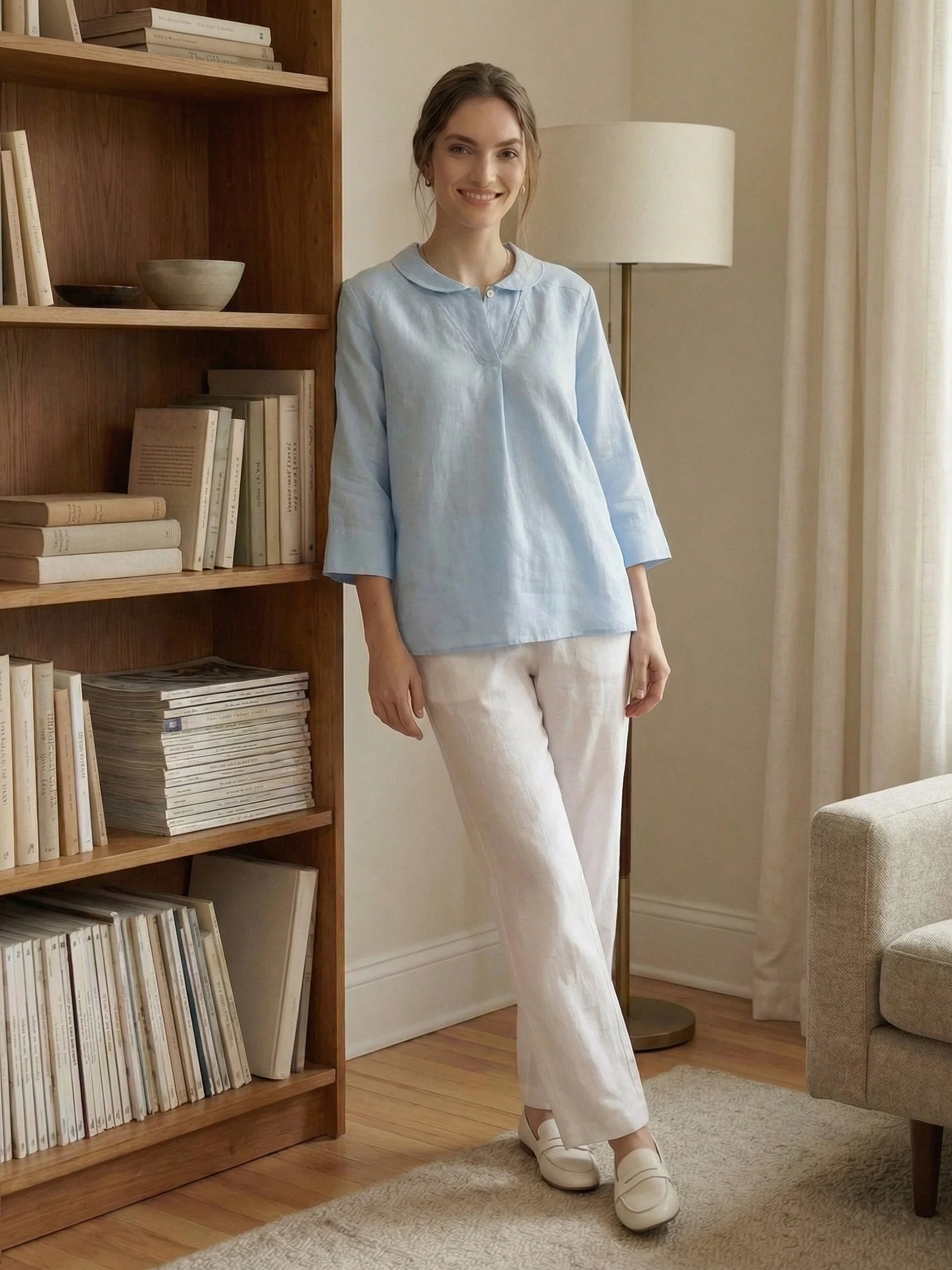 100% Linen Shawl V-Neck Half Sleeve Top JADE - Image 2