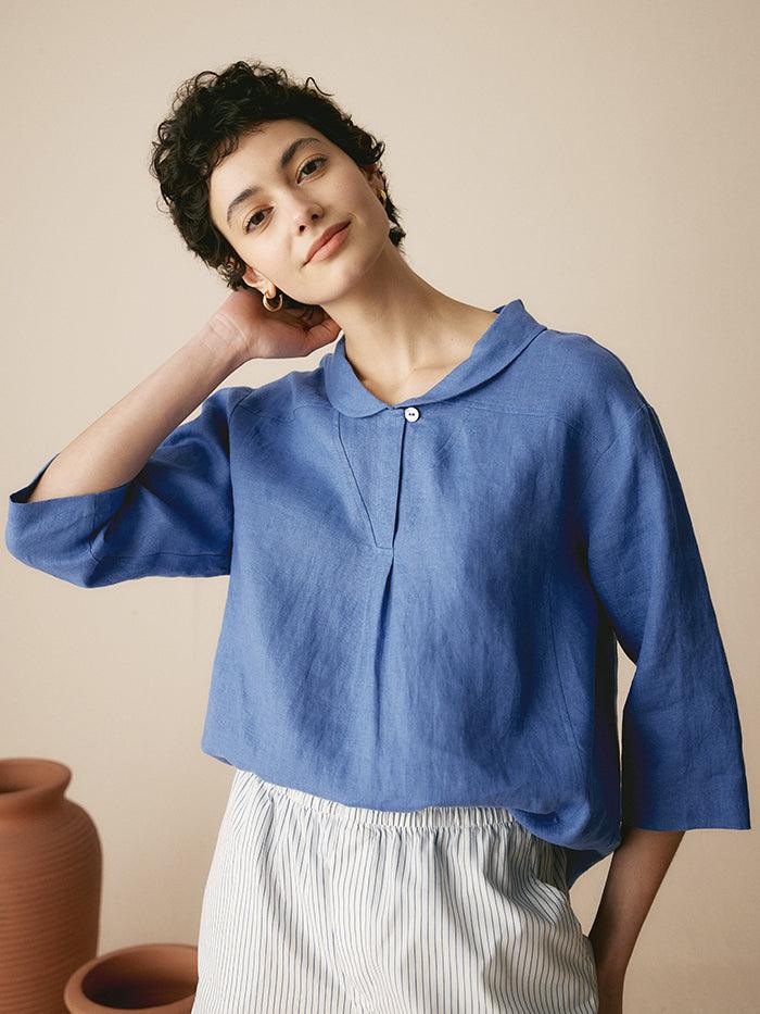 100% Linen Shawl V-Neck Half Sleeve Top JADE - Image 38