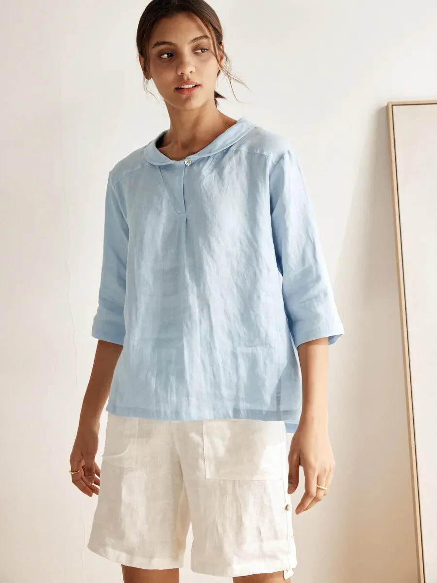 100% Linen Shawl V-Neck Half Sleeve Top JADE - Image 4