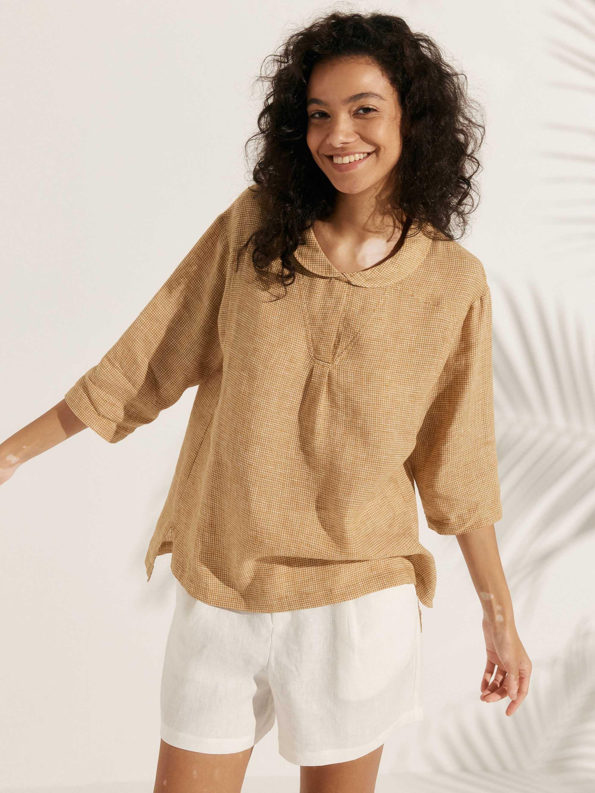 100% Linen Shawl V-Neck Half Sleeve Top JADE - Image 41