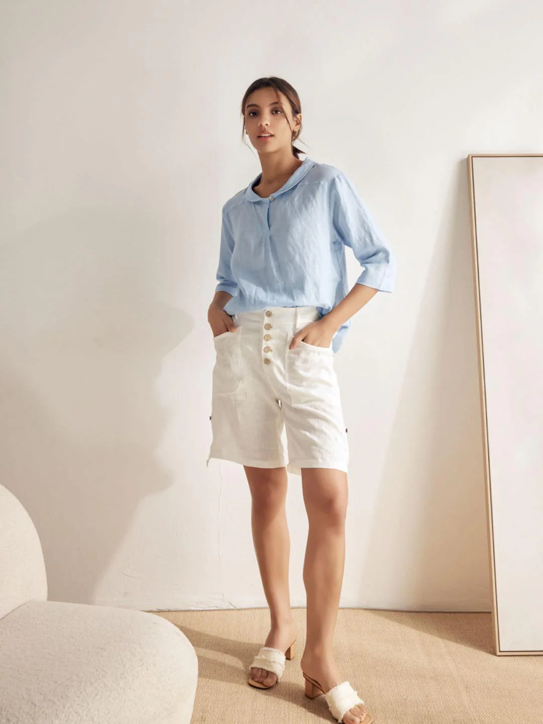 100% Linen Shawl V-Neck Half Sleeve Top JADE - Image 8