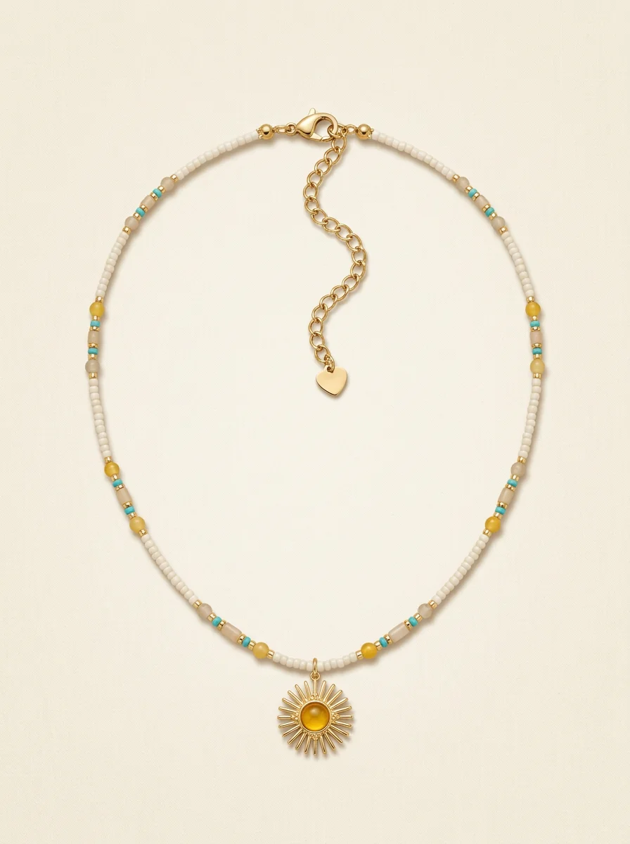 Natural Stone Beaded Necklace with Sun Pendant