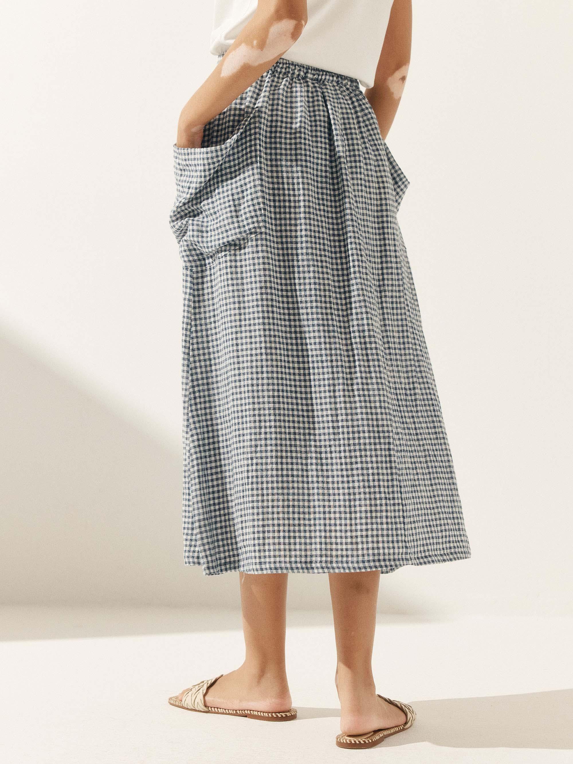 Linen Checked Elastic Waist Skirt MARINA - Image 3