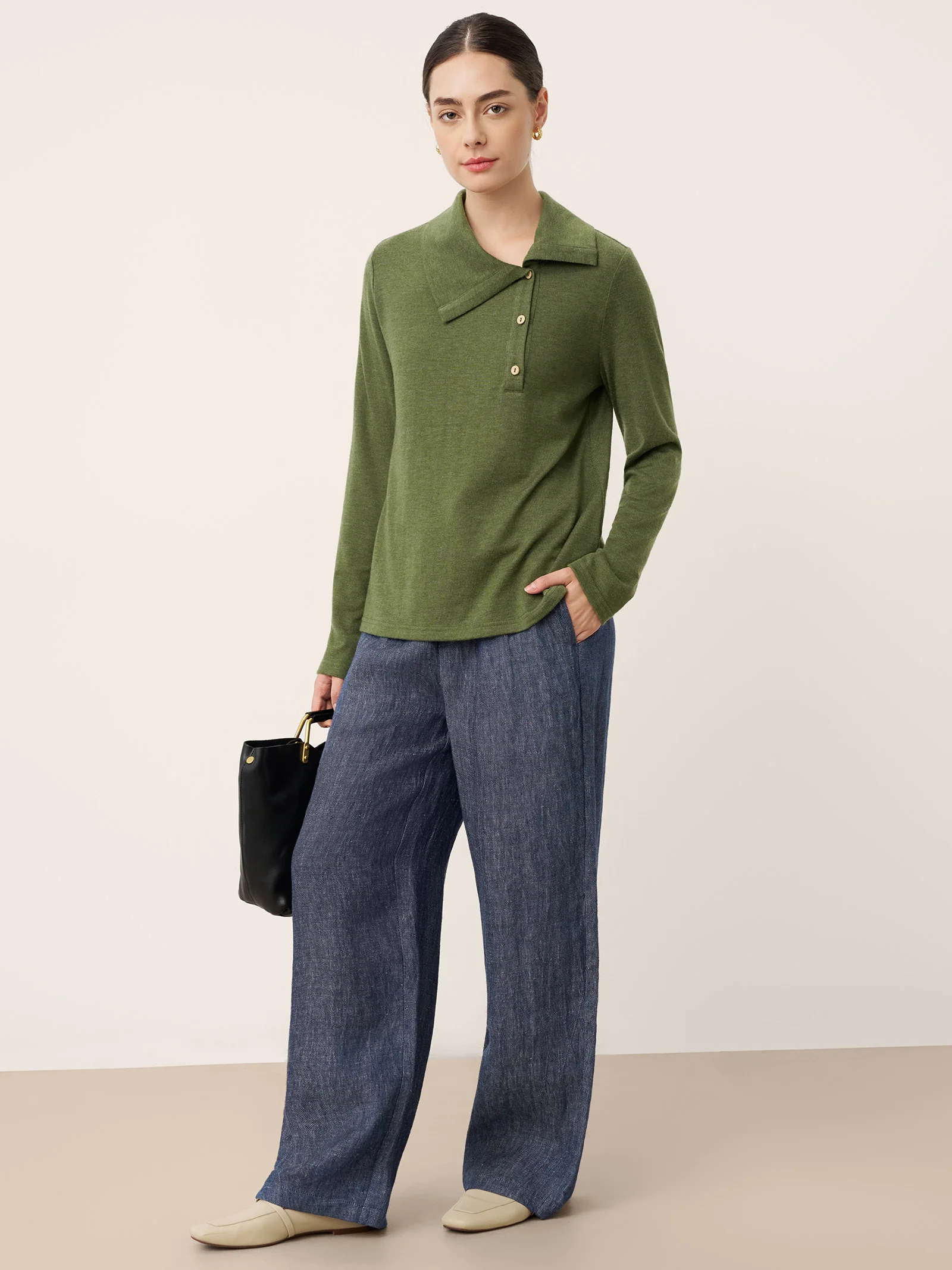 Wool Asymmetric Lapel Fruit Button Decor Top YSABEL - Image 7
