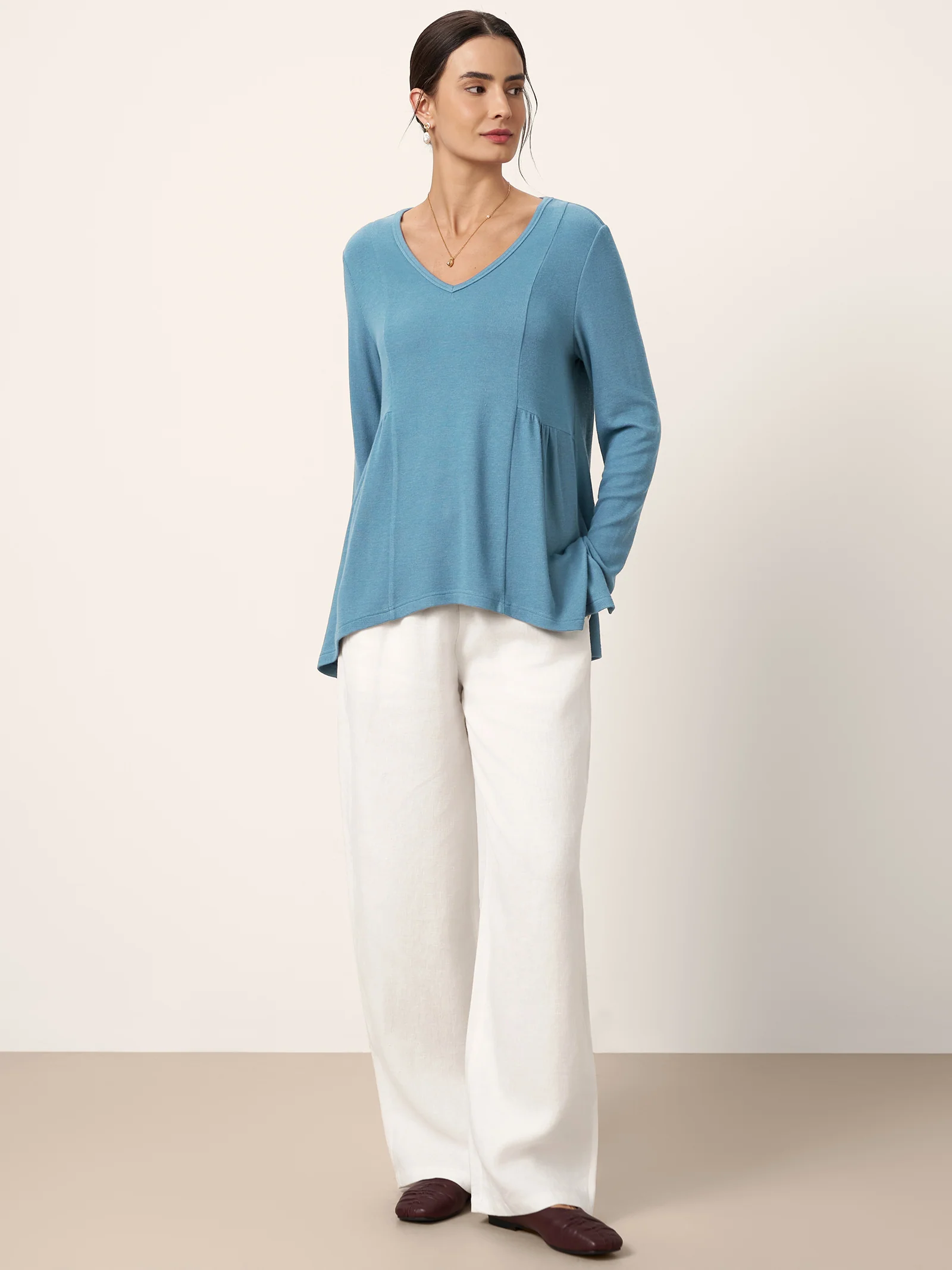 Wool-Blend Sweetheart Pleated Long Sleeve Top AMBER - Image 5