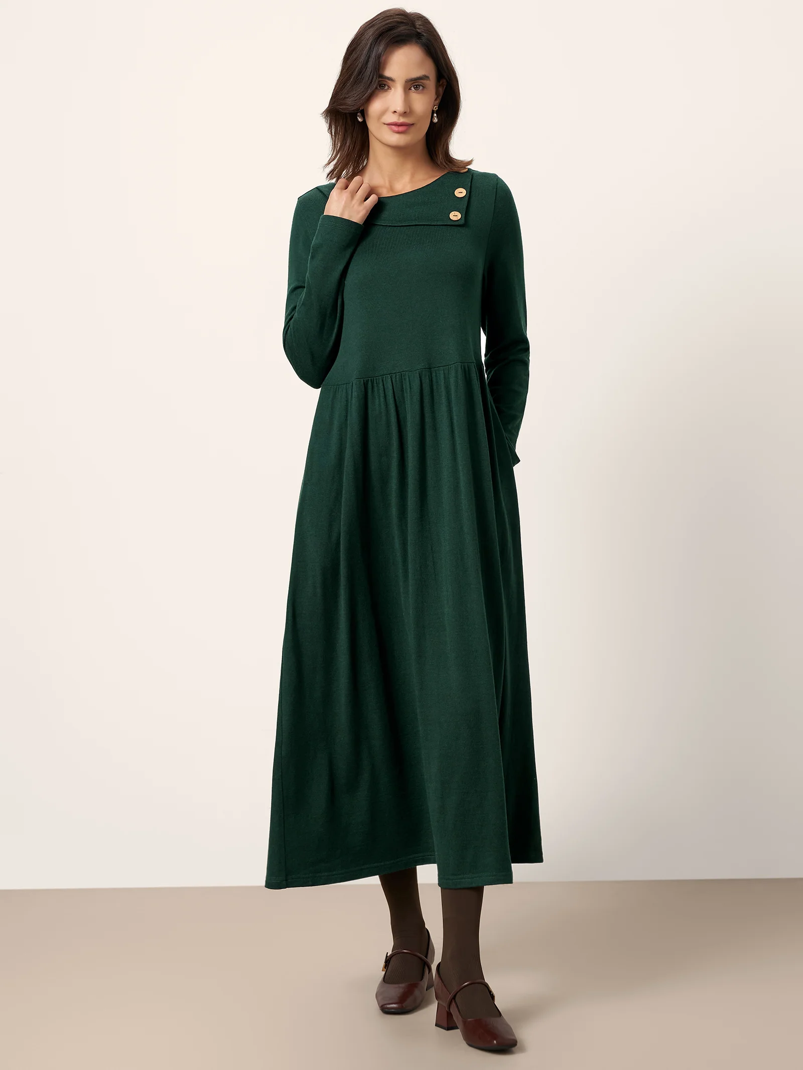 Wool Layered Neck Pleated Midi Dress BILLIE - Image 2