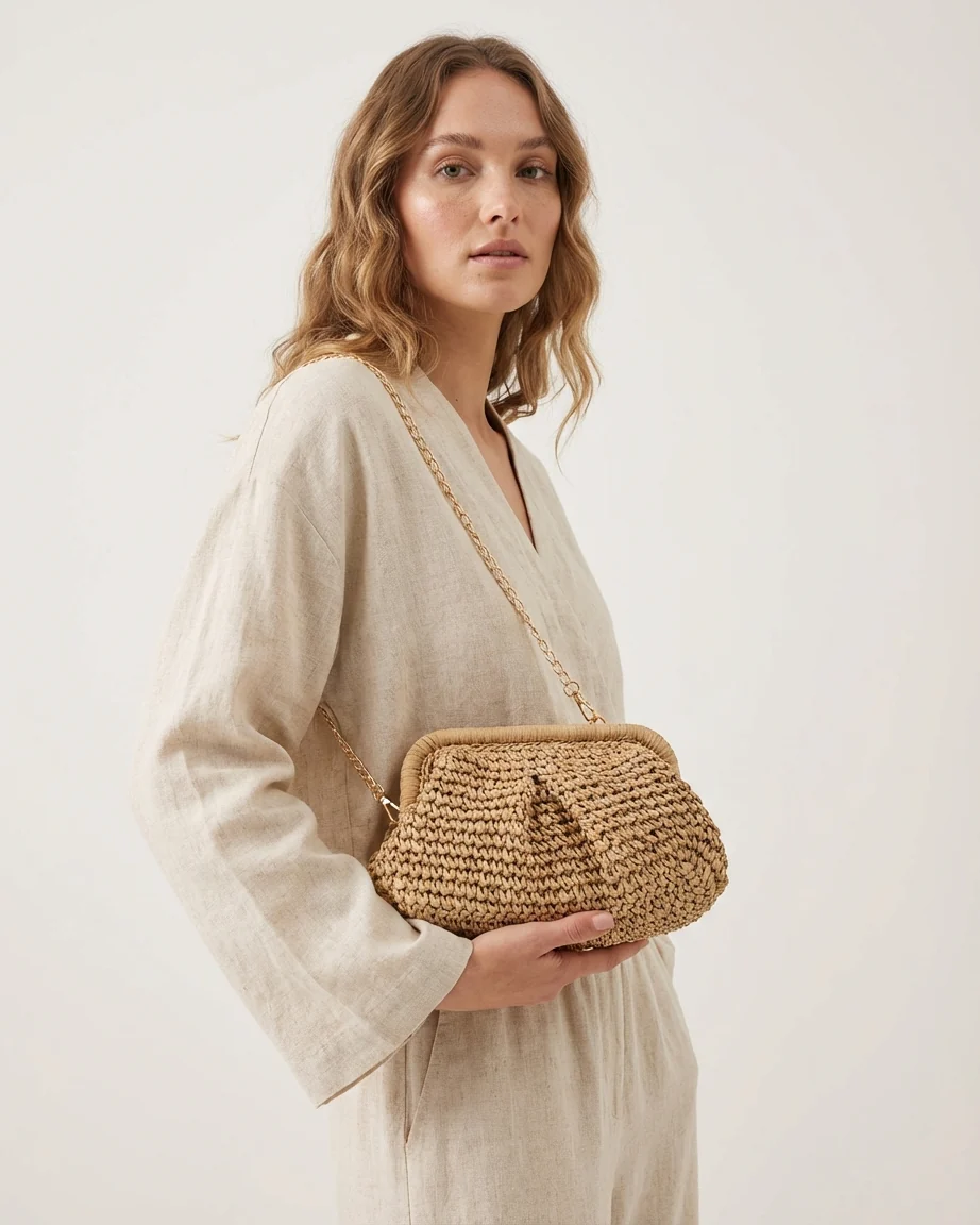 Woven Straw Crossbody Bag with Chain Strap - Image 2