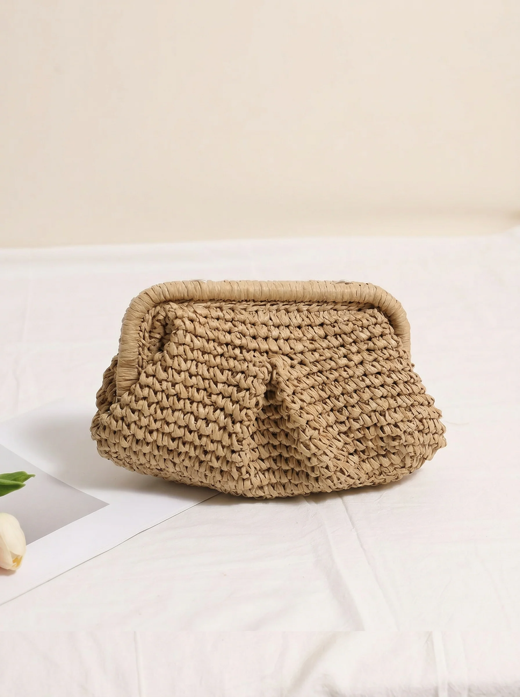 Woven Straw Crossbody Bag with Chain Strap - Image 3