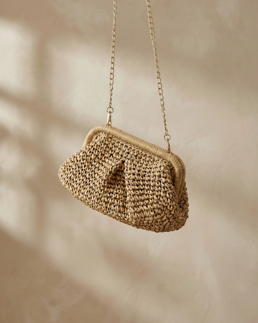Woven Straw Crossbody Bag with Chain Strap - Image 4